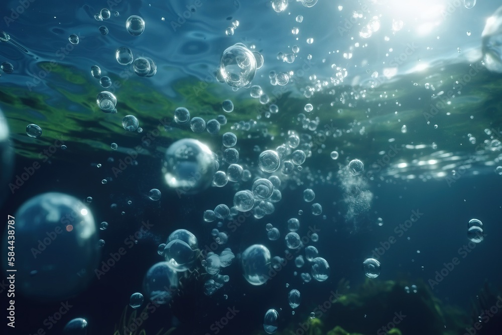  a bunch of bubbles floating in the air over a green sea bottom with a sun shining in the distance b