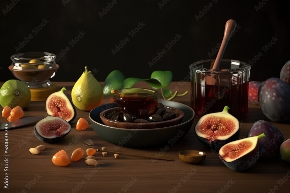  a table topped with figs and a bowl of fruit next to a jar of liquid and a spoon on top of a wooden