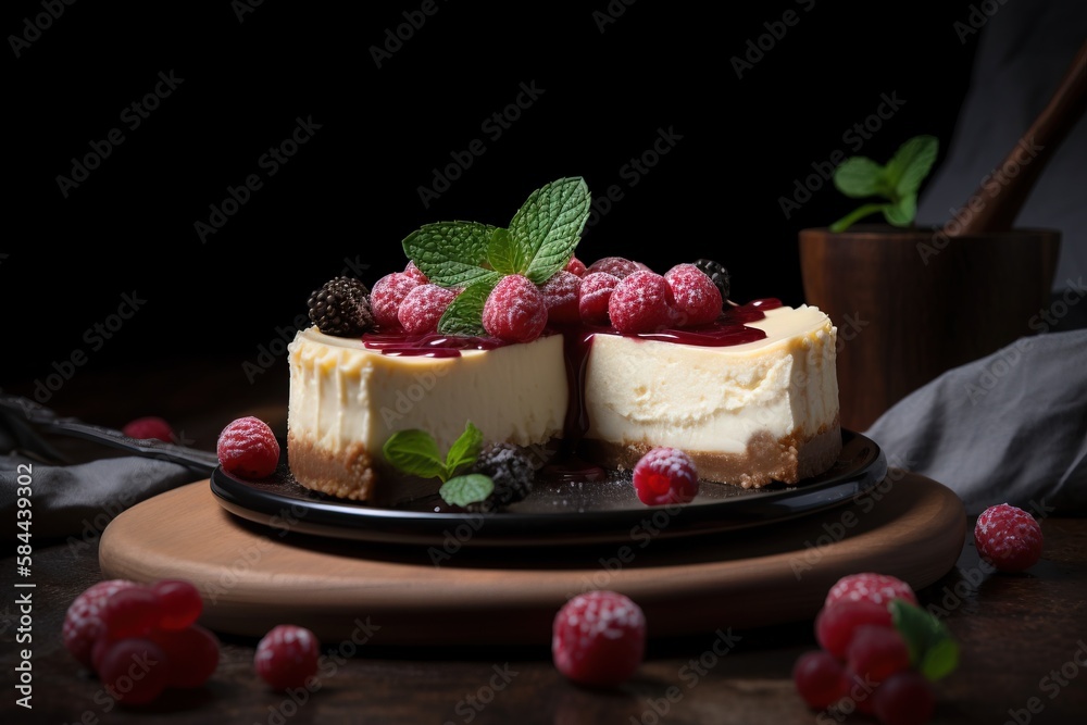  a cheesecake with raspberries and mint leaves on a black plate with a wooden spoon and a cup of tea