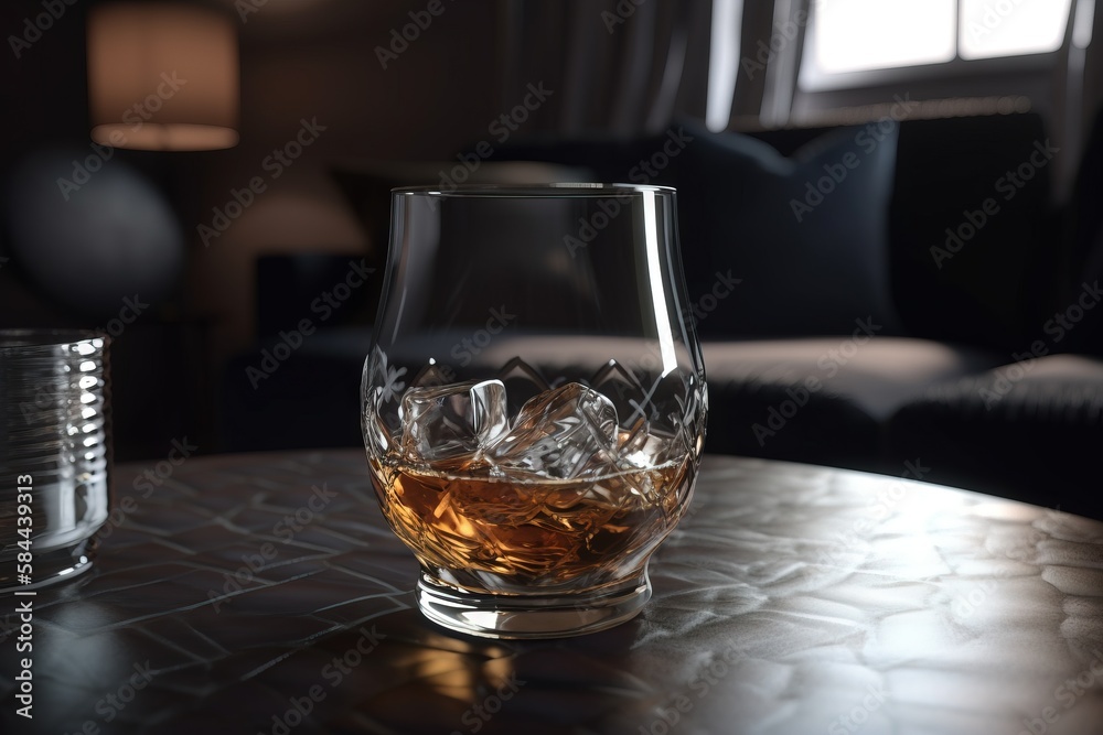  a glass of whiskey on a table with a lit candle in the corner of the room in the background is a co