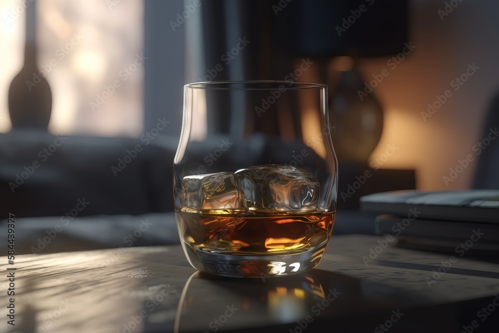  a glass of whiskey on a table with a remote control in front of a window with a view of a living ro