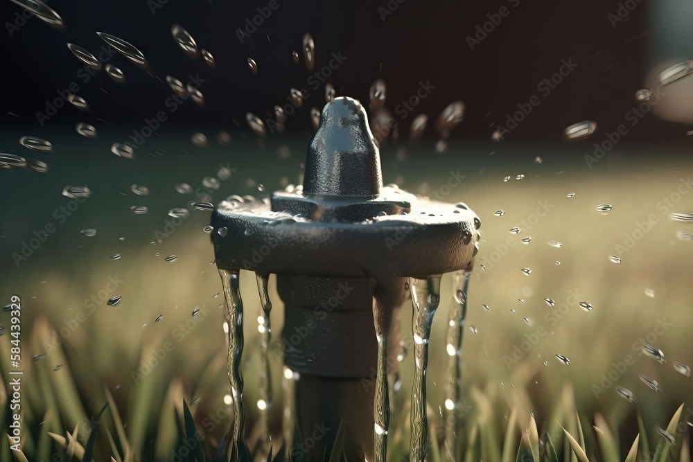  a close up of a fire hydrant in the grass with water droplets on the top of the spigot and the bott