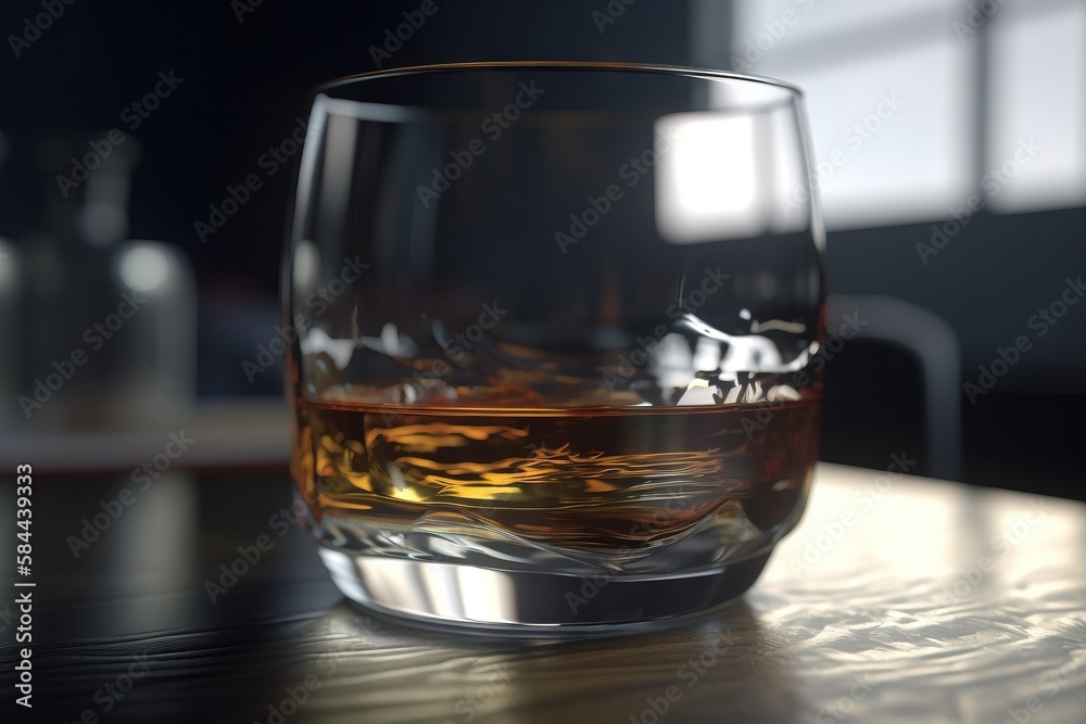  a glass of whiskey sitting on a table with a bottle in the background of it and a window in the bac