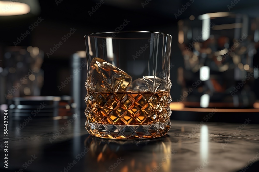  a glass of whiskey sitting on a table with other glasses in the backgrouf of the glass and a plate 