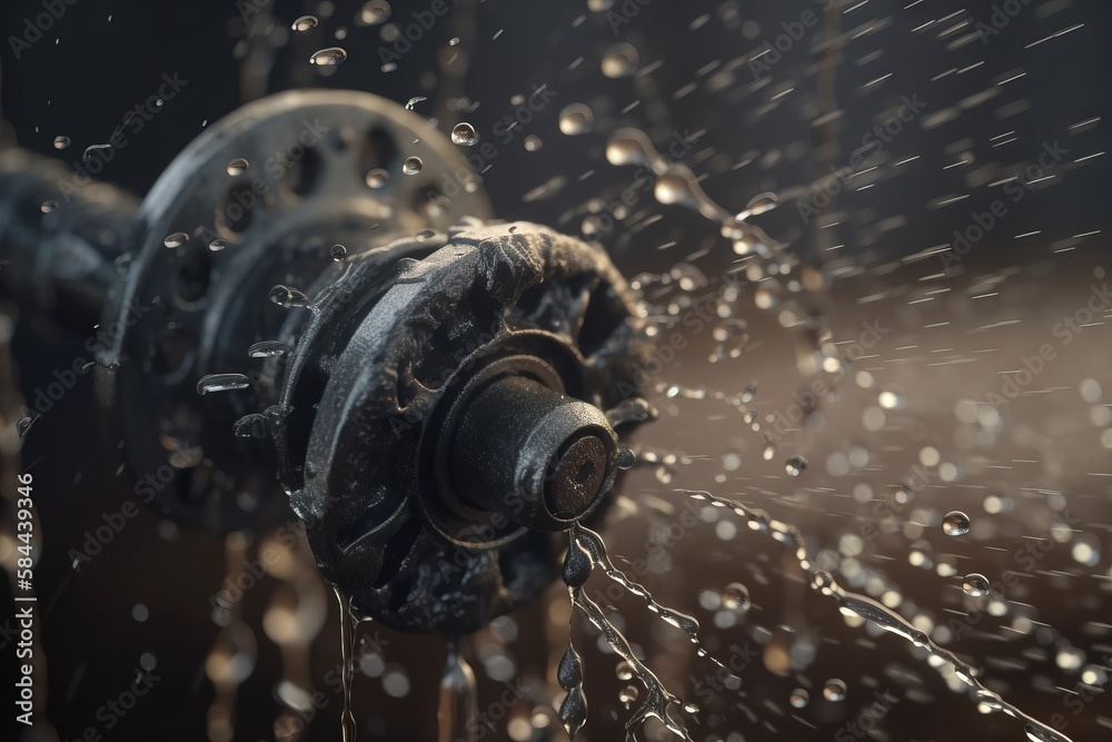  a water sprinkler is spraying water on a black background with drops of water on the sprinkler and 