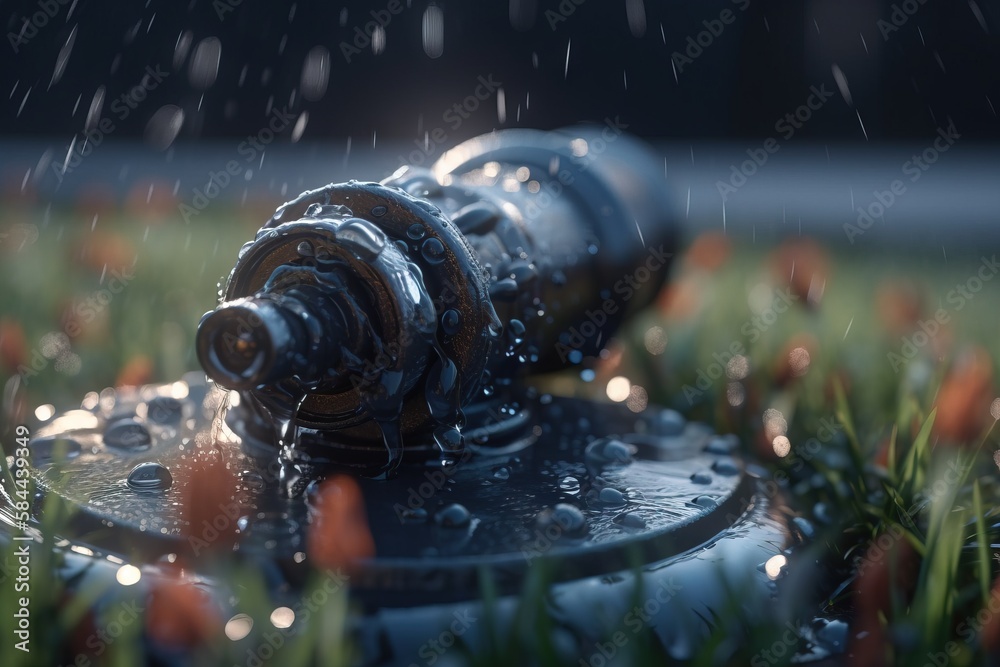  a close up of a fire hydrant in the grass with water droplets on its top and the top of the hydran