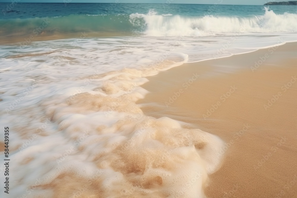  a beach with waves coming in and out of the water and a blue sky in the background with a few cloud