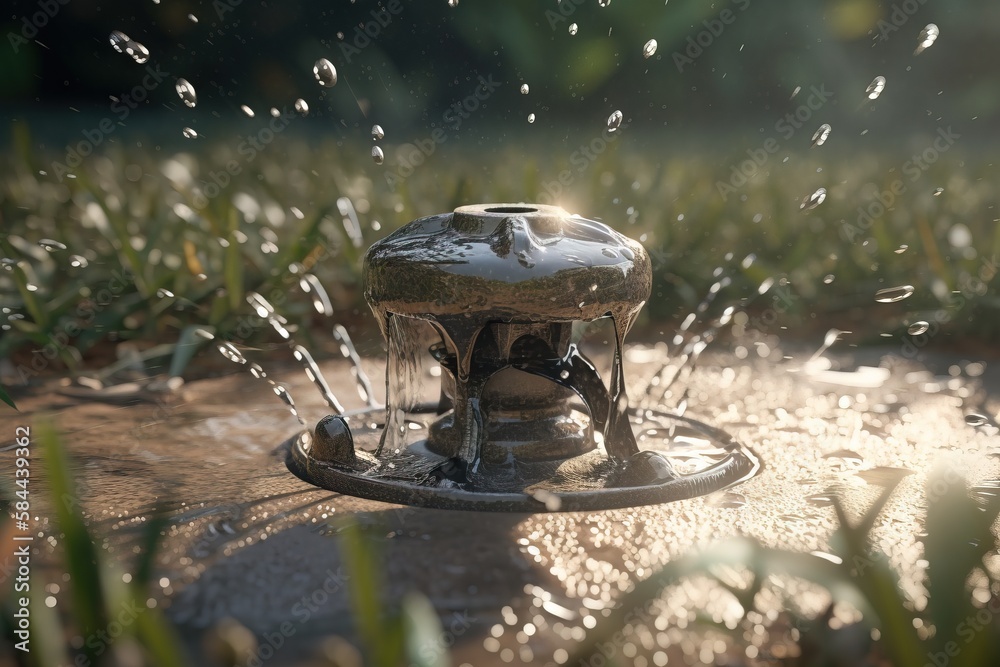  a fountain with water running down it in a park area with grass and sun shining on the ground and w