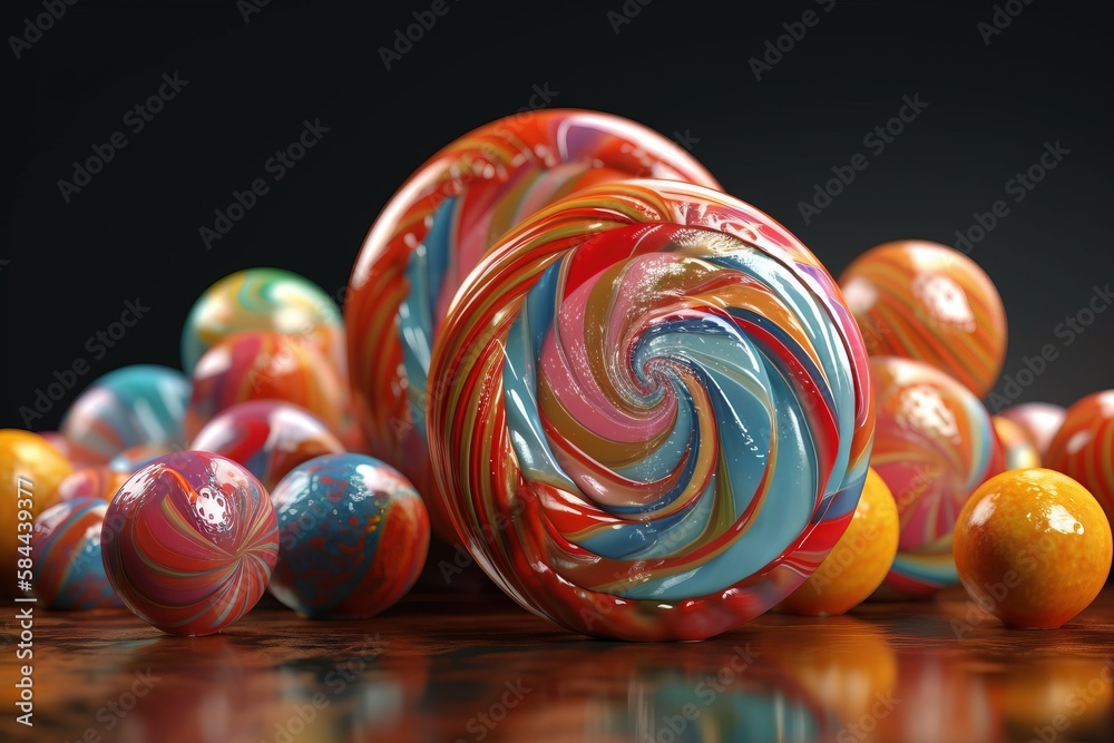  a group of colorful lollipops sitting on top of a table next to each other on top of a wooden table