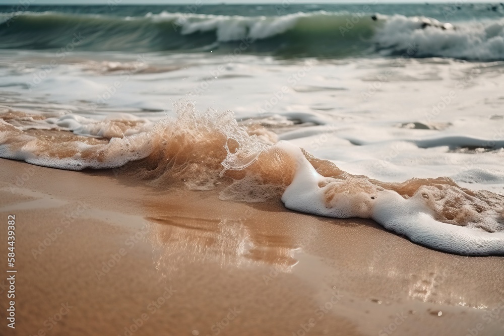  a wave rolls in on a sandy beach near the oceans shore and the oceans foamy waves are visible in 