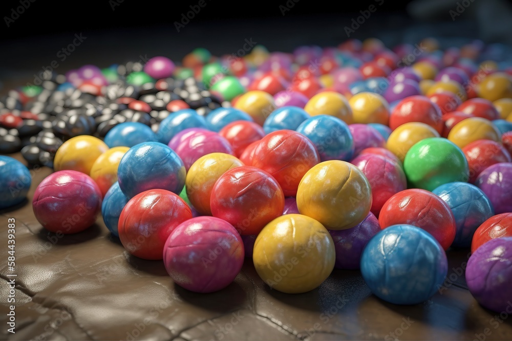  a table topped with lots of different colored balls and a black object in the middle of the table w