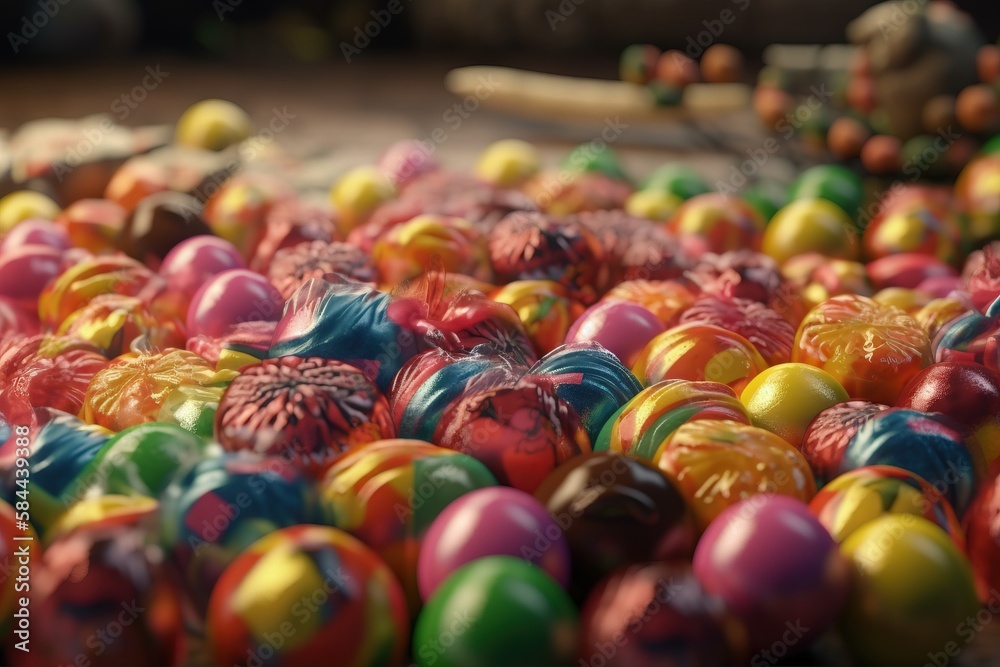  a bunch of colorful balls sitting on top of each other in a pile on the ground in a room with a woo