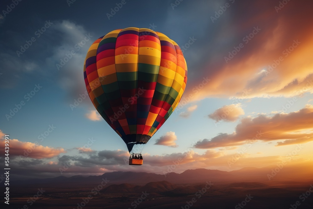  a colorful hot air balloon flying in the sky at sunset or dawn with clouds in the background and a 