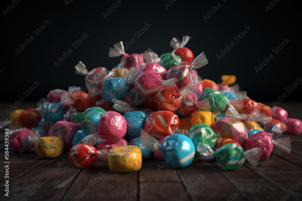  a pile of colorful candies sitting on top of a wooden table next to a black background with a black