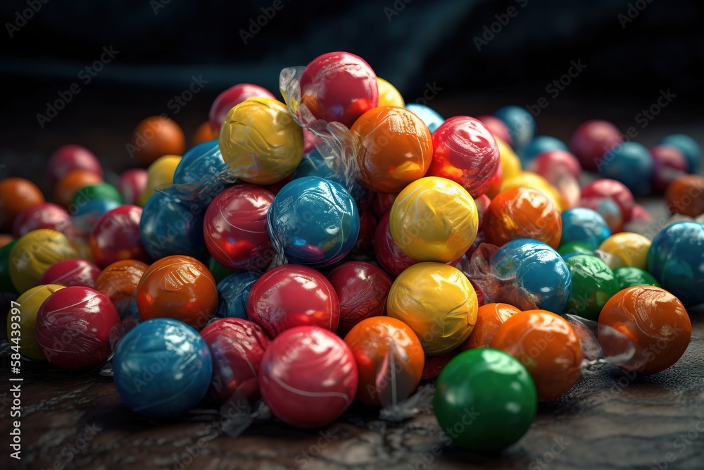  a pile of colorful chocolate eggs sitting on top of a wooden table next to a pile of other chocolat