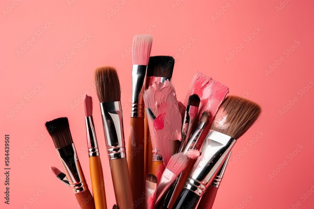  a cup filled with lots of different types of makeup brushes on top of a pink background with a pink