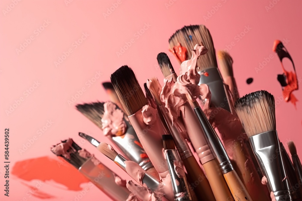  a bunch of paint brushes sitting on top of a pink table top next to a pink wall with a red heart on