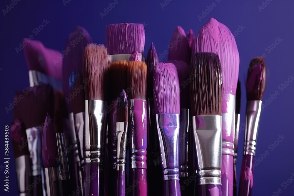  a close up of a bunch of purple paint brushes with one of the brushes turned upside down and the ot