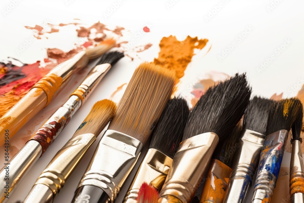  a bunch of paint brushes sitting on top of a white table next to a white wall and a white wall with