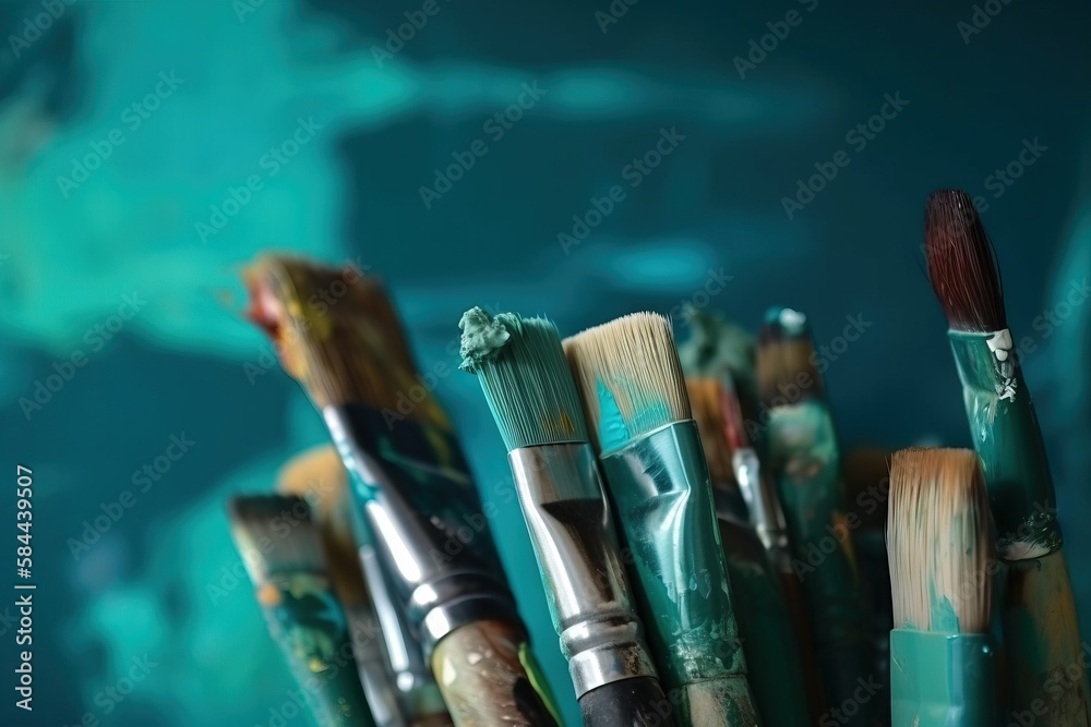  a close up of many paint brushes in a cup with a blue background behind it and a blue background be