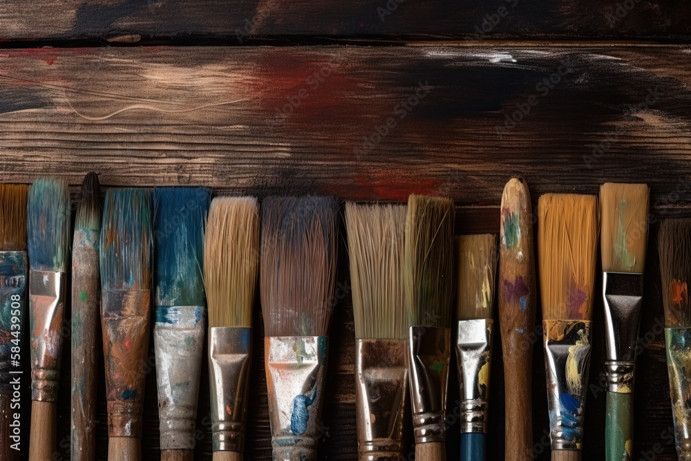  a row of paintbrushes lined up against a wooden wall with paint stains all over them and one of the