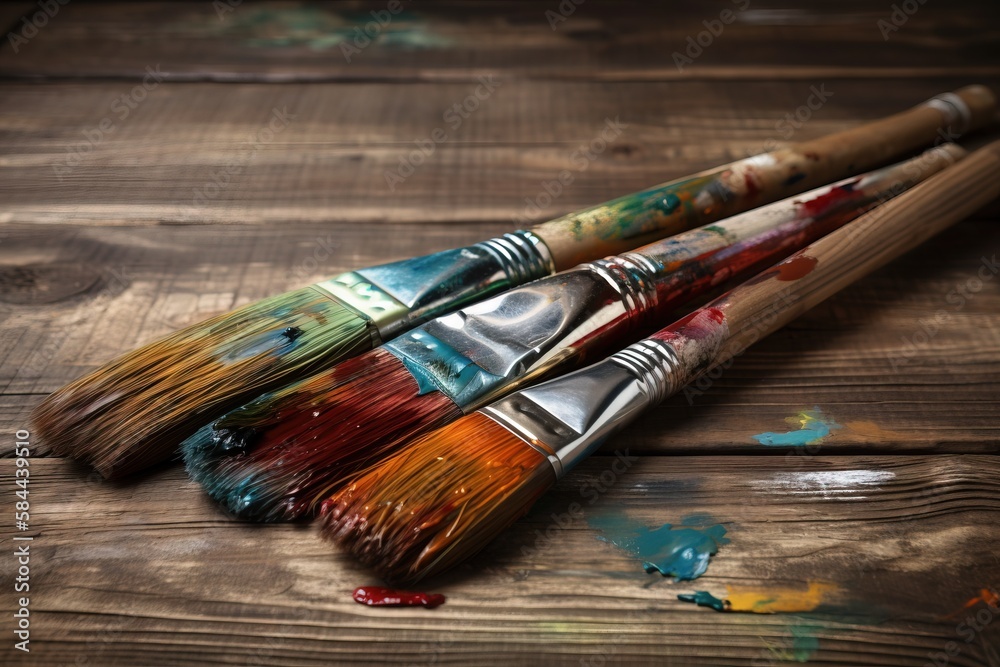  three paintbrushes with different colors of paint on a wooden surface with paint smearches on the s