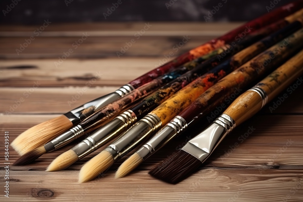  a bunch of paint brushes sitting on top of a wooden table next to each other on top of a wooden tab