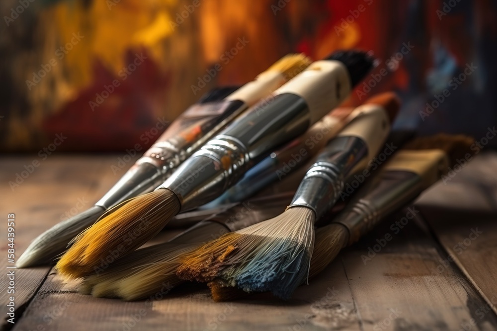  a group of paintbrushes sitting on top of a wooden table next to a painting easel with a painting o