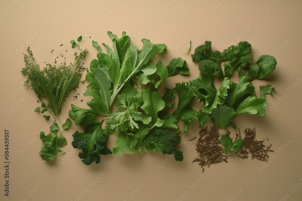  a bunch of green leafy vegetables are on a brown surface with a few roots on the left side of the p