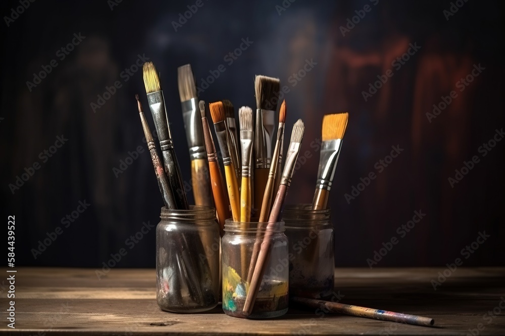  a glass jar filled with paint brushes on top of a wooden table next to a jar filled with paintbrush