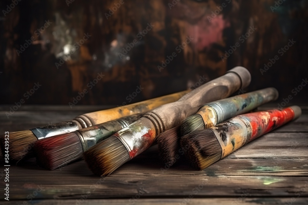  a group of paintbrushes sitting on top of a wooden table next to a wall with a painting on its bac