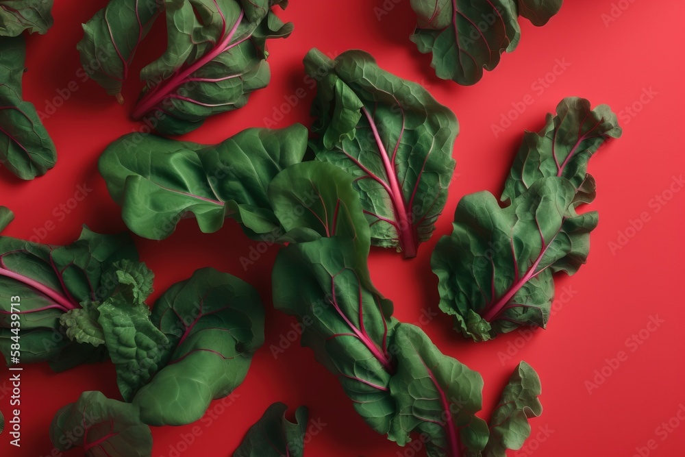  a bunch of green leafy vegetables on a red background with a red background behind them and a red b