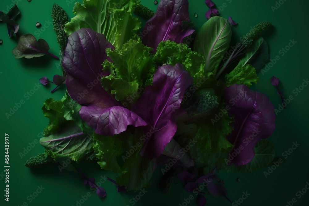  a bunch of lettuce laying on top of a green table top next to a leafy green plant on a green surfac