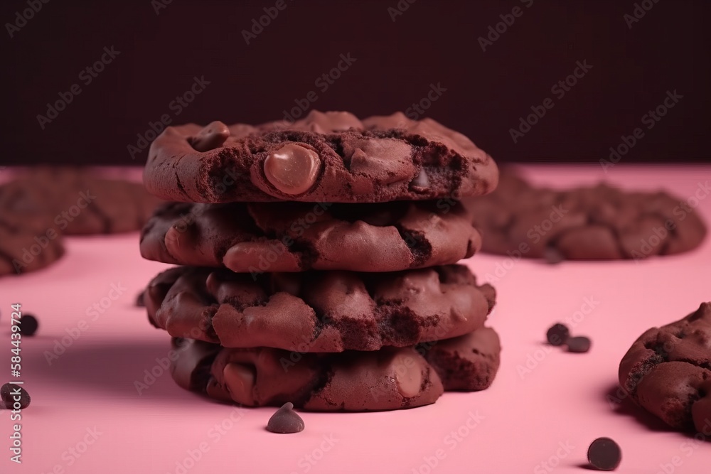  a stack of chocolate cookies on a pink surface with chocolate chips scattered around it and a choco