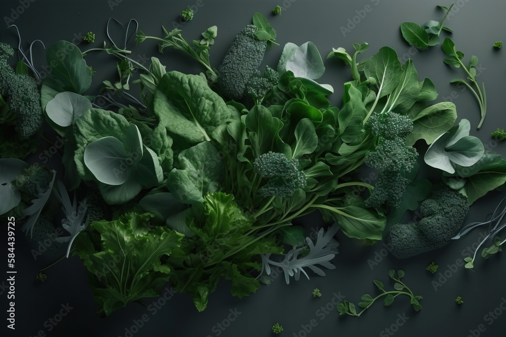  a bunch of green vegetables laying on top of each other on a black surface with leafy greens and le