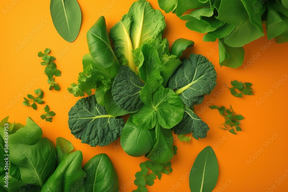  a bunch of green leafy vegetables on an orange background with leaves scattered around them on a ye