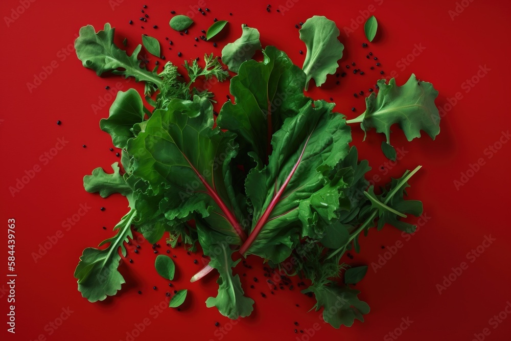  a bunch of green leafy vegetables on a red surface with seeds scattered around them on a red surfac