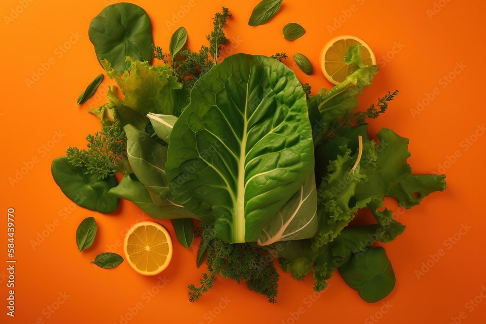  lettuce, lemons, and other greens on an orange background with leaves and lemons on the bottom of t