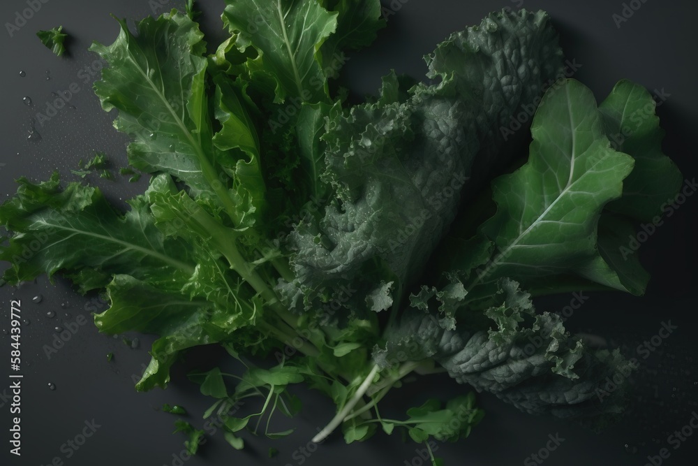  a close up of a bunch of green leafy vegetables on a black surface with drops of water on the leafy