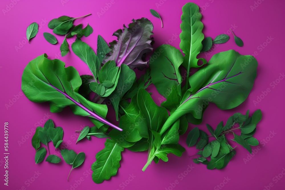  a bunch of leafy greens on a pink background with a purple background and a pink background with a 