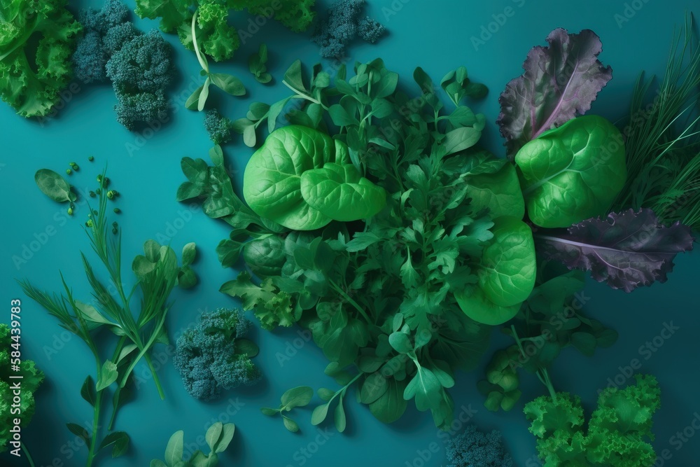  a bunch of green vegetables on a blue surface with leaves and stems around them, including broccoli