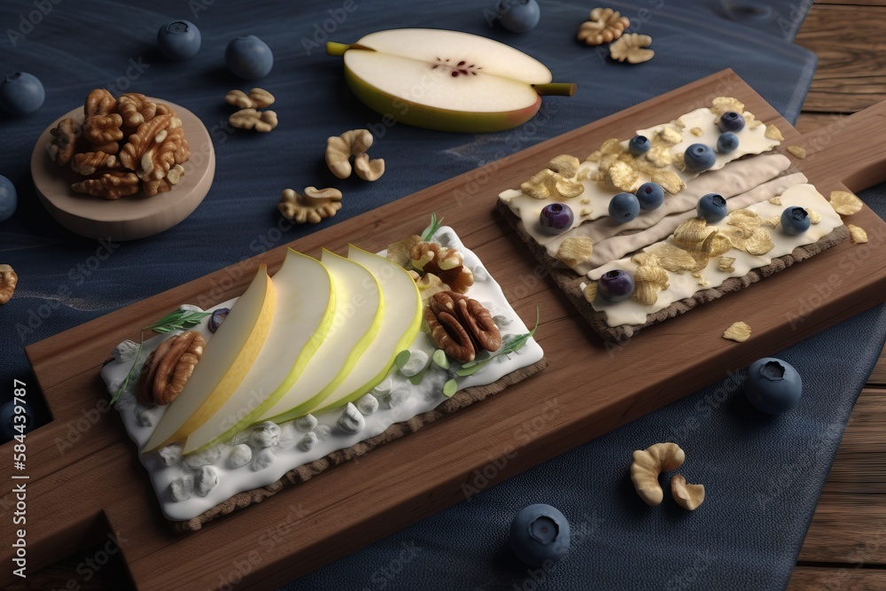  a wooden tray topped with two slices of cake next to a bowl of nuts and a plate of fruit on top of 