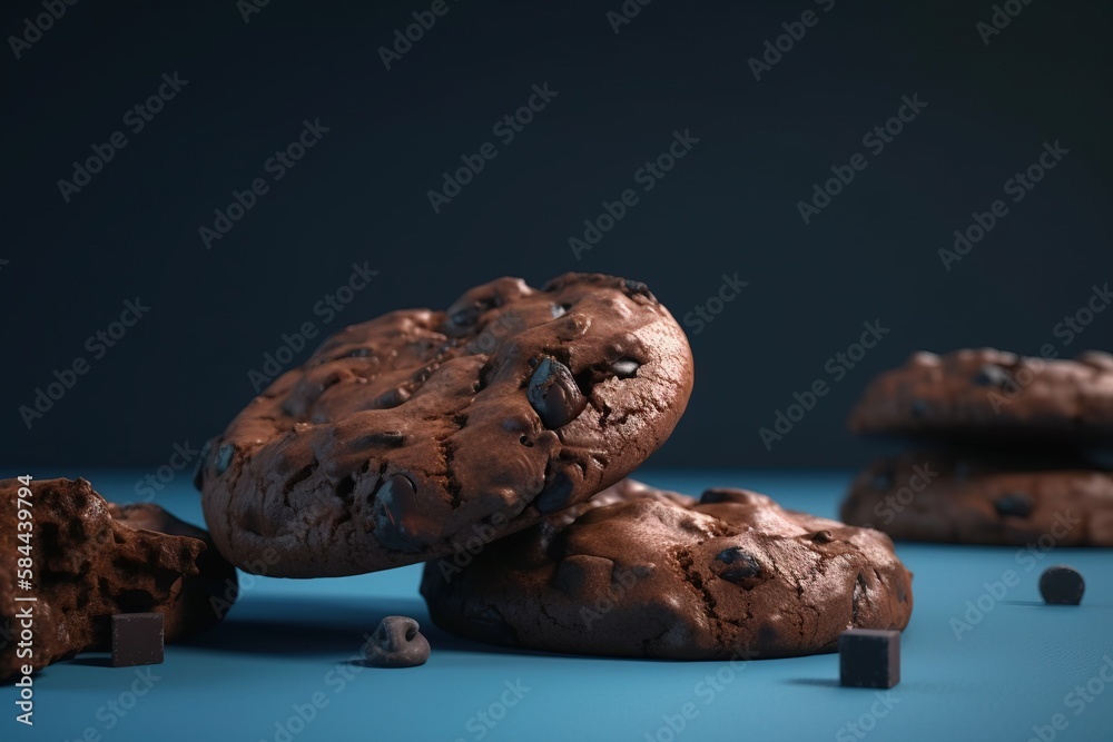  a pile of chocolate cookies sitting on top of a blue table top next to a pile of chocolate cookies 