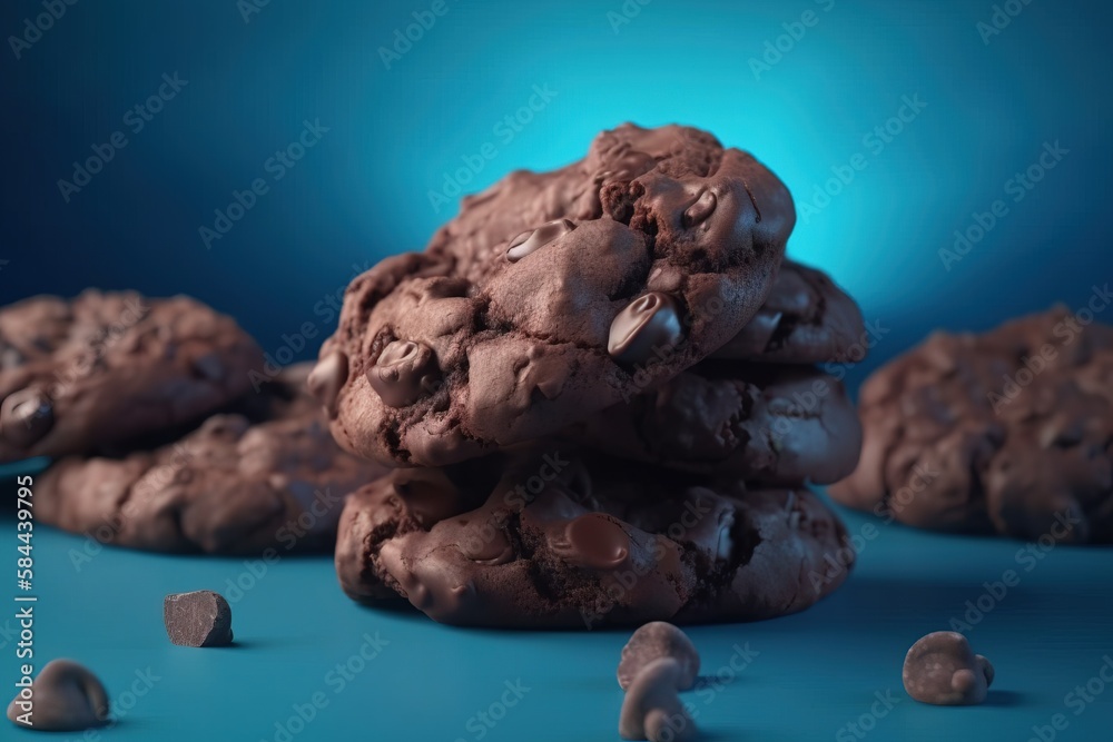  a pile of cookies with chocolate chips on a blue surface with scattered chocolate chips around it a