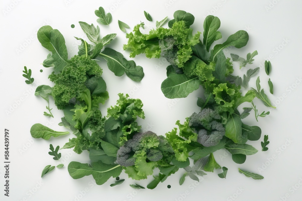  a circle of green leafy vegetables on a white surface with leaves and stems arranged in the shape o