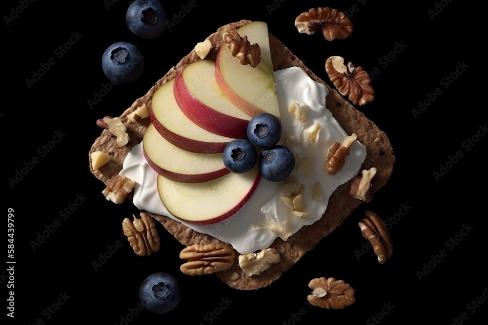  a piece of bread with fruit and nuts on top of it and a slice of apple on top of the bread with blu