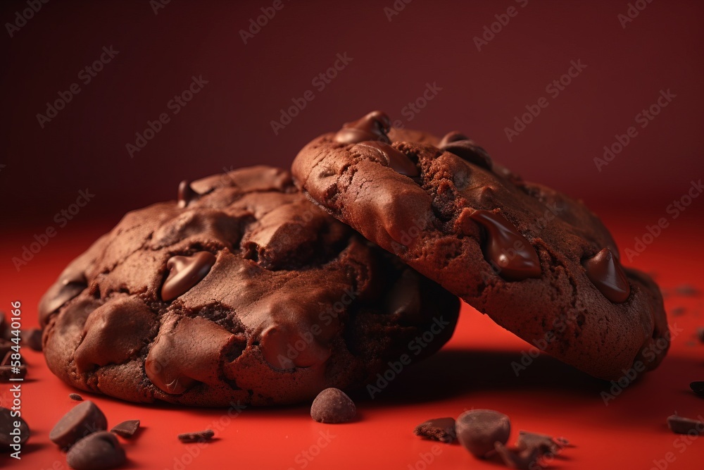  two chocolate cookies with chocolate chips on a red surface with scattered chocolate chips on the f