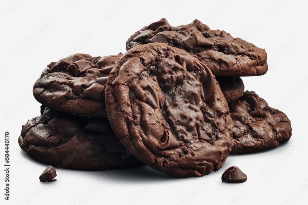  a pile of chocolate cookies on a white background with chocolate chips on the ground next to it and