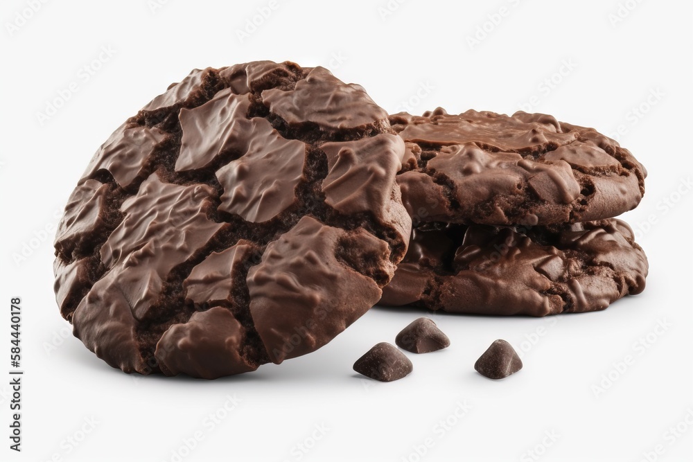  a pile of chocolate cookies next to a pile of chocolate chips on a white background with a bite tak