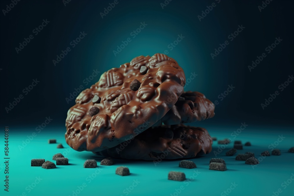  two chocolate cookies stacked on top of each other on a blue surface with chocolate chips scattered